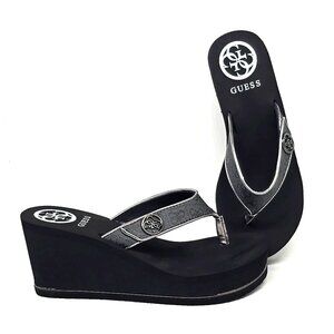 Guess Sarraly Platform Wedge Thong Sandals Black Women's Size 8M